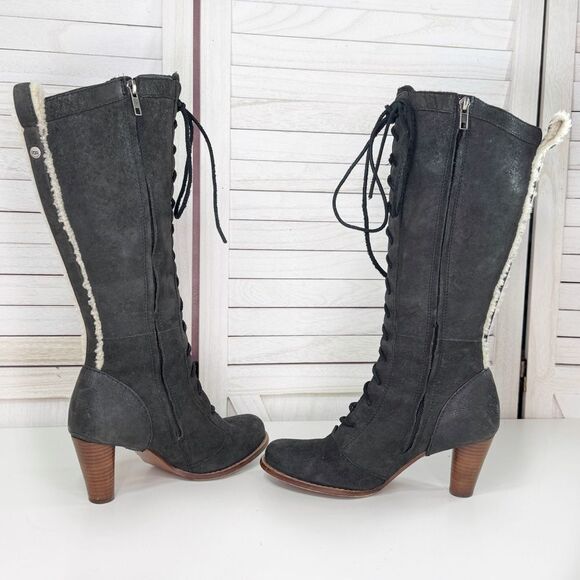 Ugg Camille Oil Rubbed Leather Lace Up Knee High Heeled Boots Black 6.5 5488 - Picture 5 of 13